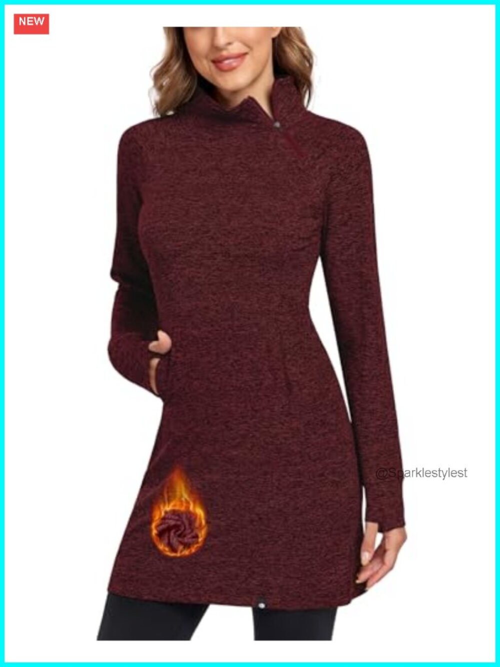 Fleece Lined Mock Neck Sweatshirt Dress with Thumbholes